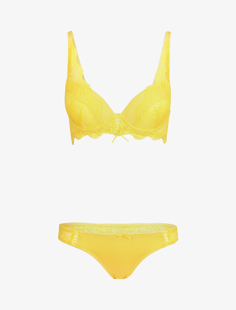 Ensemble en dentelle et culotte ajourée - Jaune - 1