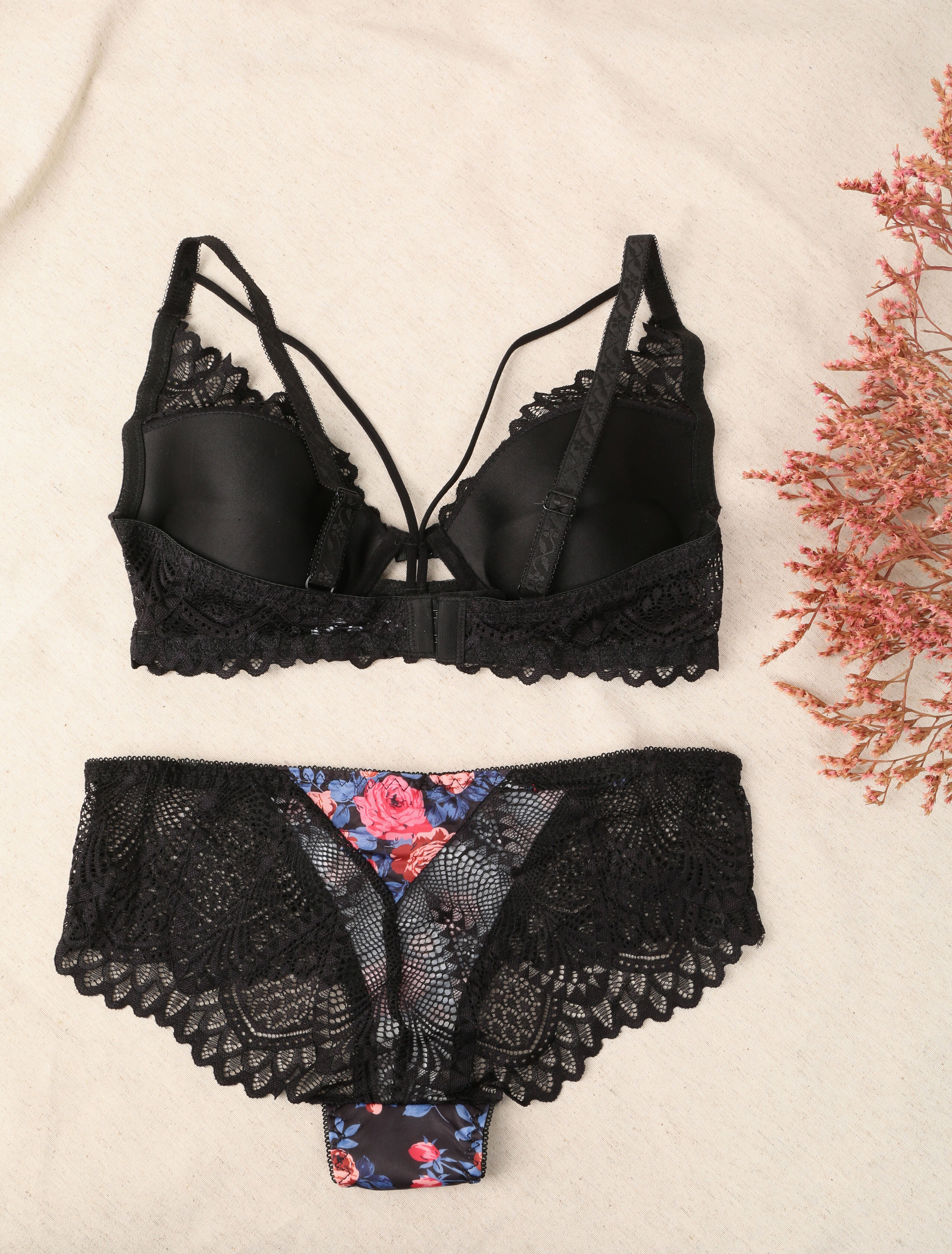 Ensemble imprimé roses et lace out - Noir - 2