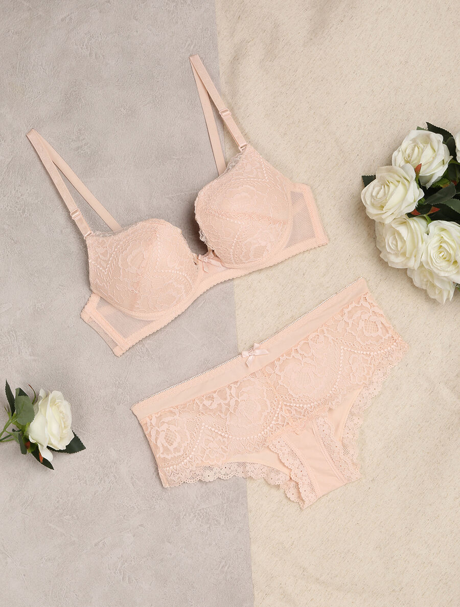 Ensemble en dentelle à liens - Rose pâle - 1