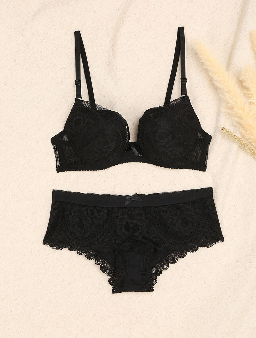 Ensemble en dentelle à liens - Noir - 1
