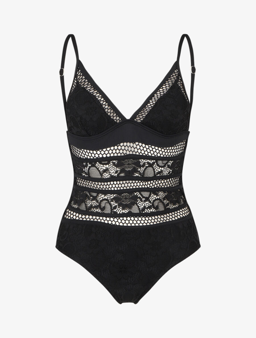 Maillot de bain en dentelle ajourée - Noir - 4