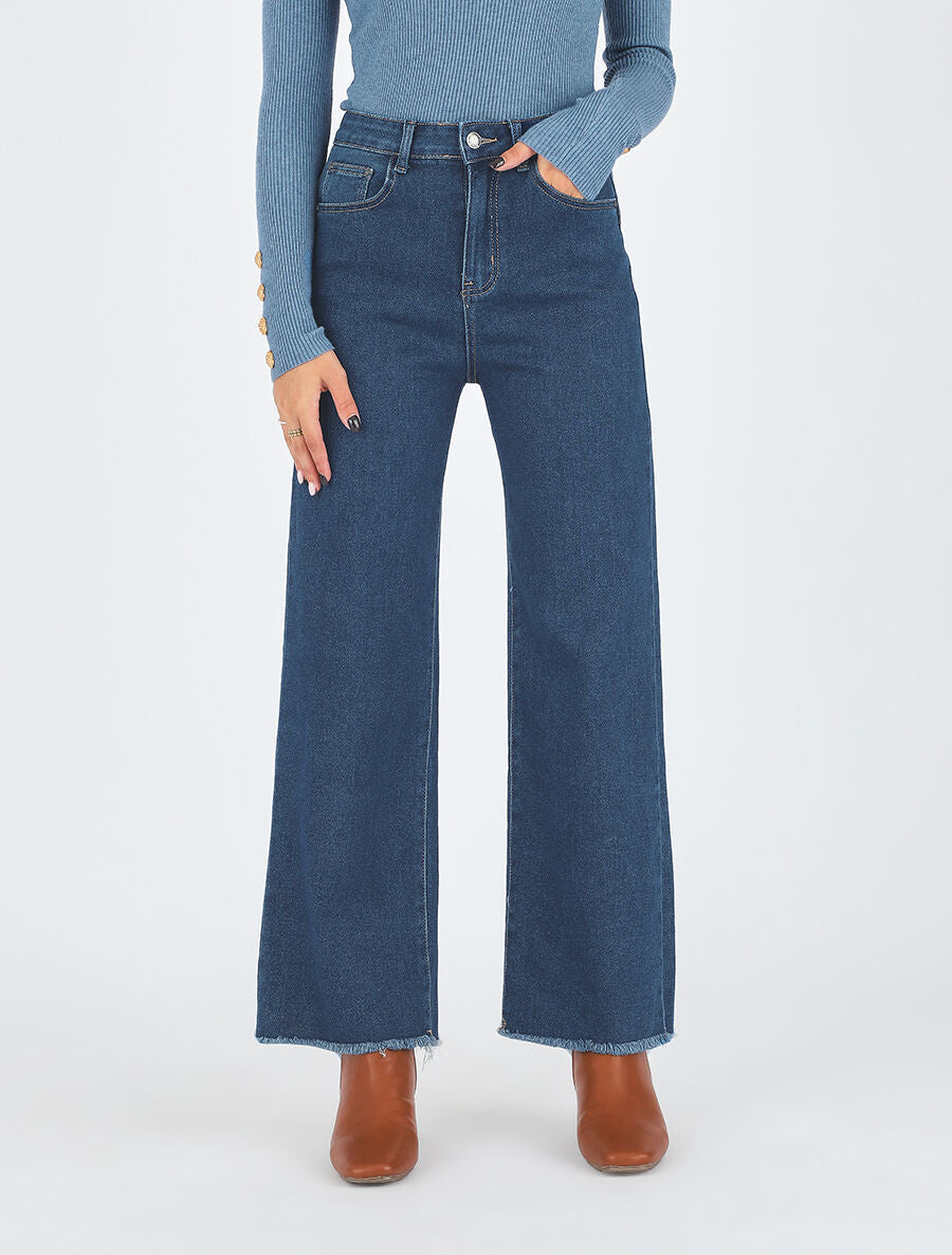 Jean ample taille haute bords effilochés - Bleu - 4