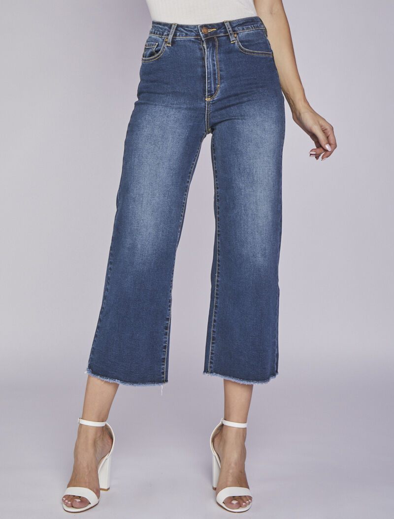 Jean droit 7/8 à bords effilochés - Bleu denim - 1