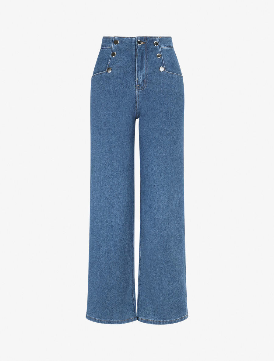 Jean wide leg à boutons décoratifs coupe droite - Bleu - 5