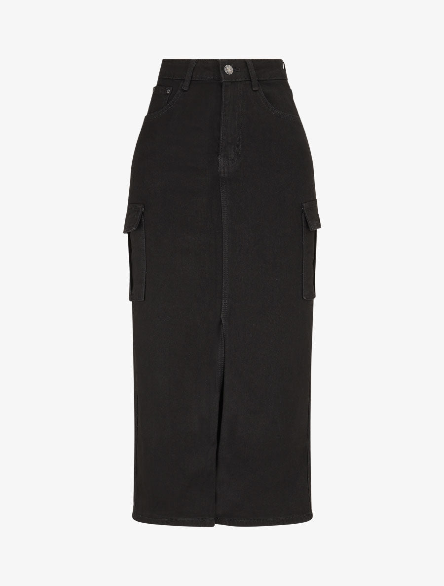 Jupe mi-longue cargo fendue - Noir - 1