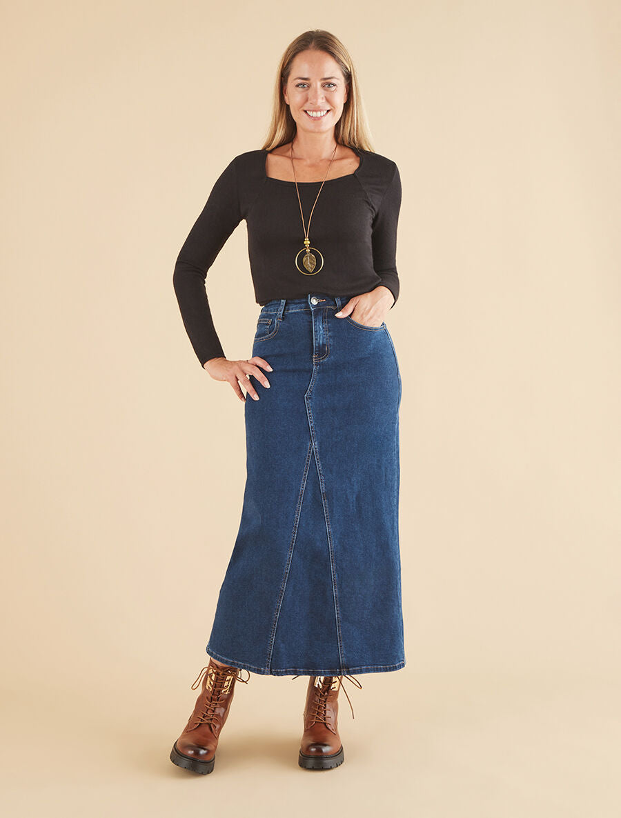 Jupe mi-longue à taille haute - Bleu - 4