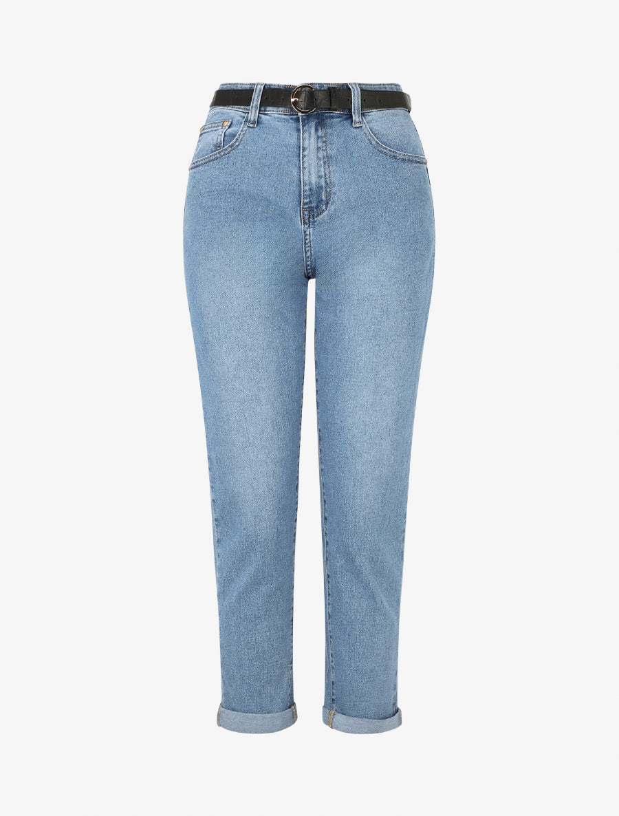 Jean mom taille haute ceinturée - Bleu - 1