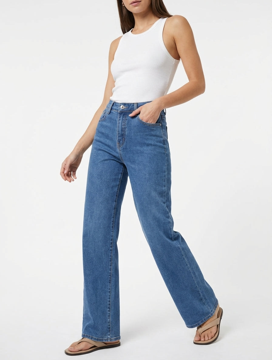 Jean mit weitem Bein und Push-up-Effekt - Blau