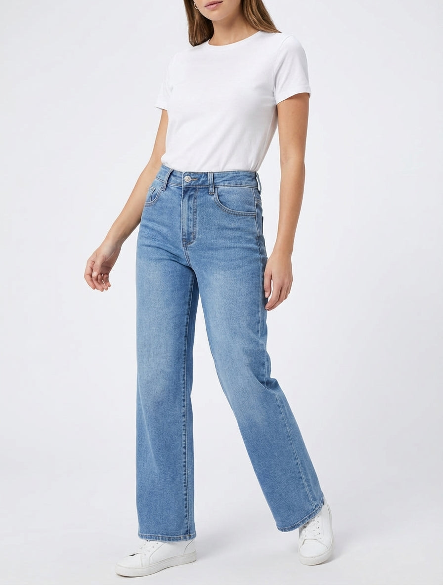 Jean mit weitem Bein und ausgewaschenem Look - Blau