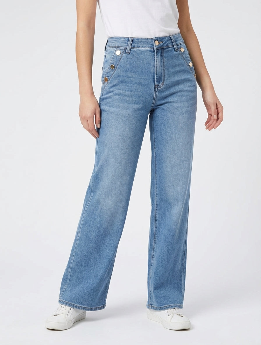 Jean mit weitem Bein und dekorativen Knöpfen, gerader Schnitt - Blau