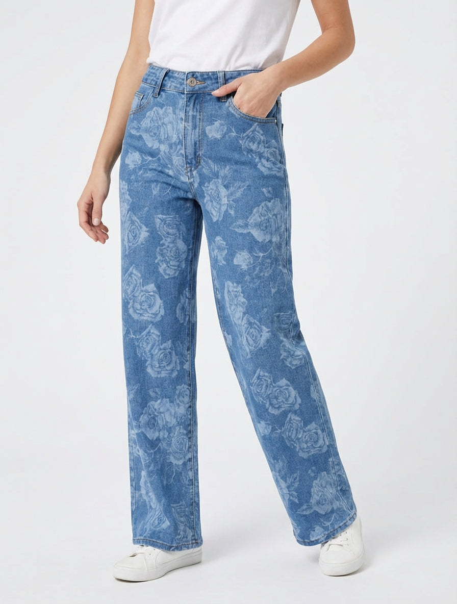 Jean mit weitem Bein, Rosenmuster, gerader Schnitt - Blau