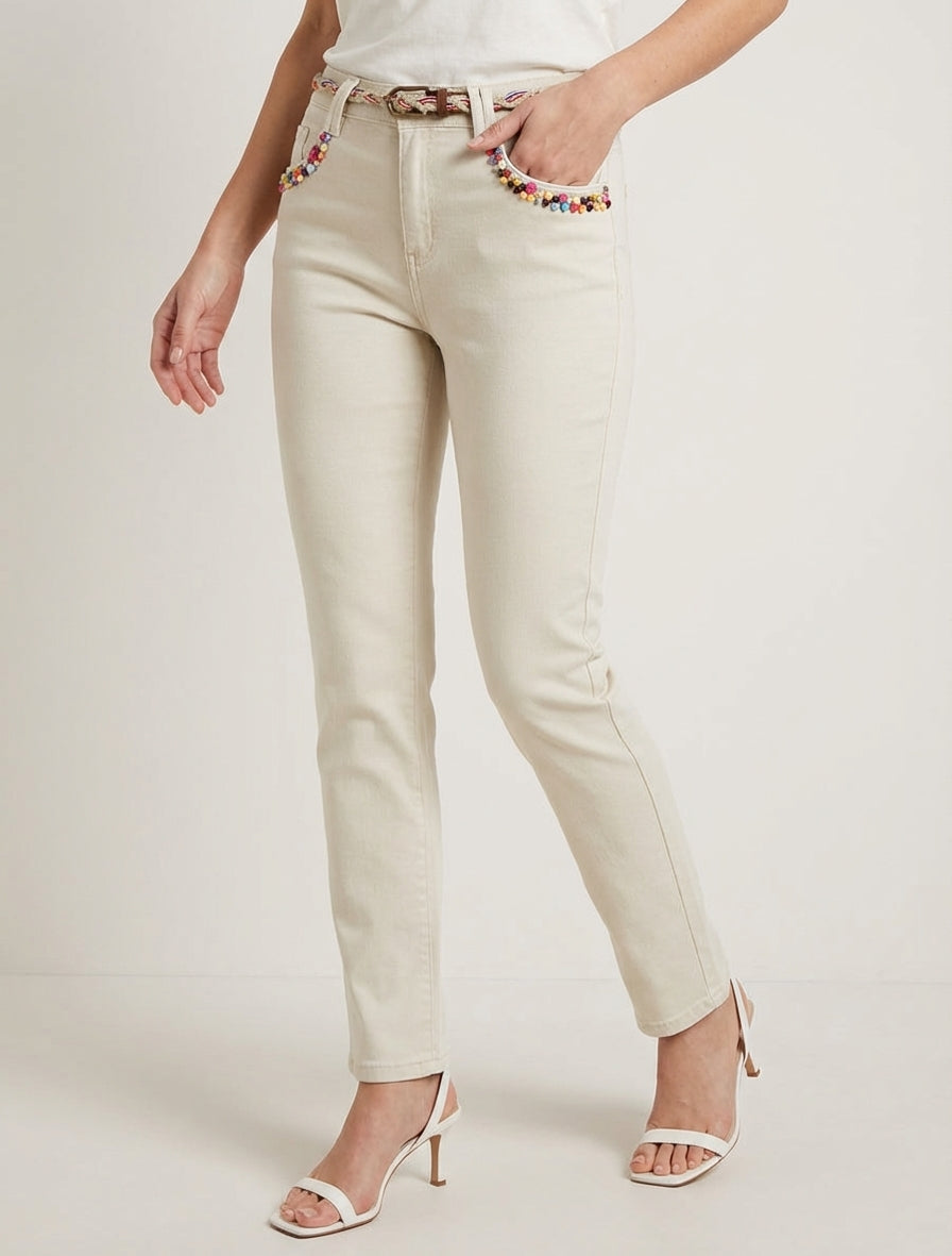 Jeans Slim mit fantasievollen Perlen und Gürtel - Beige