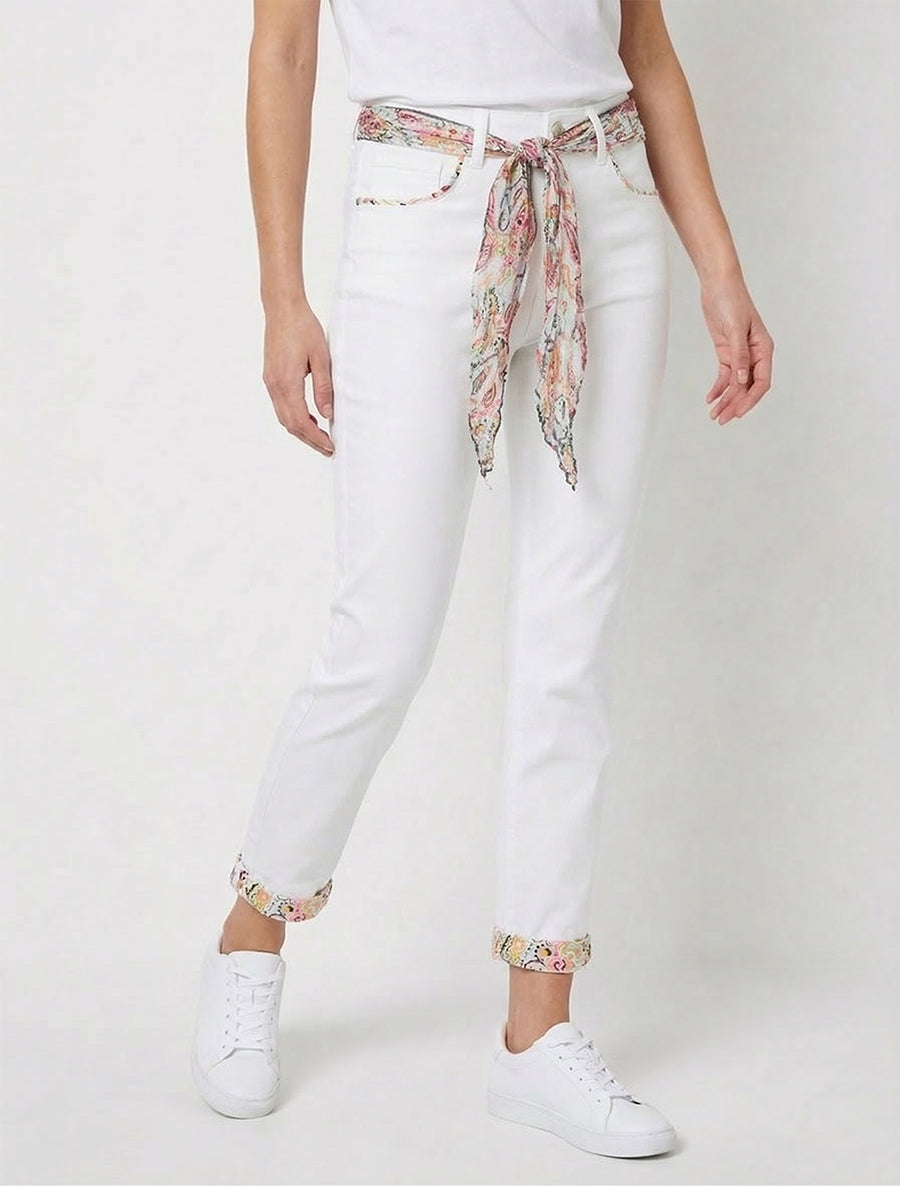 Hoch taillierte Slim-Jeans mit Ziertaschen - Weiß