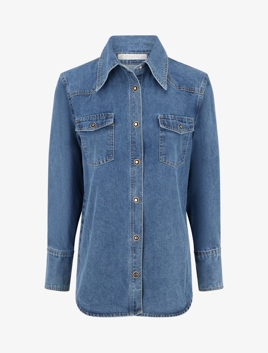 Chemise en jean droite à poches à rabat - Bleu - 1