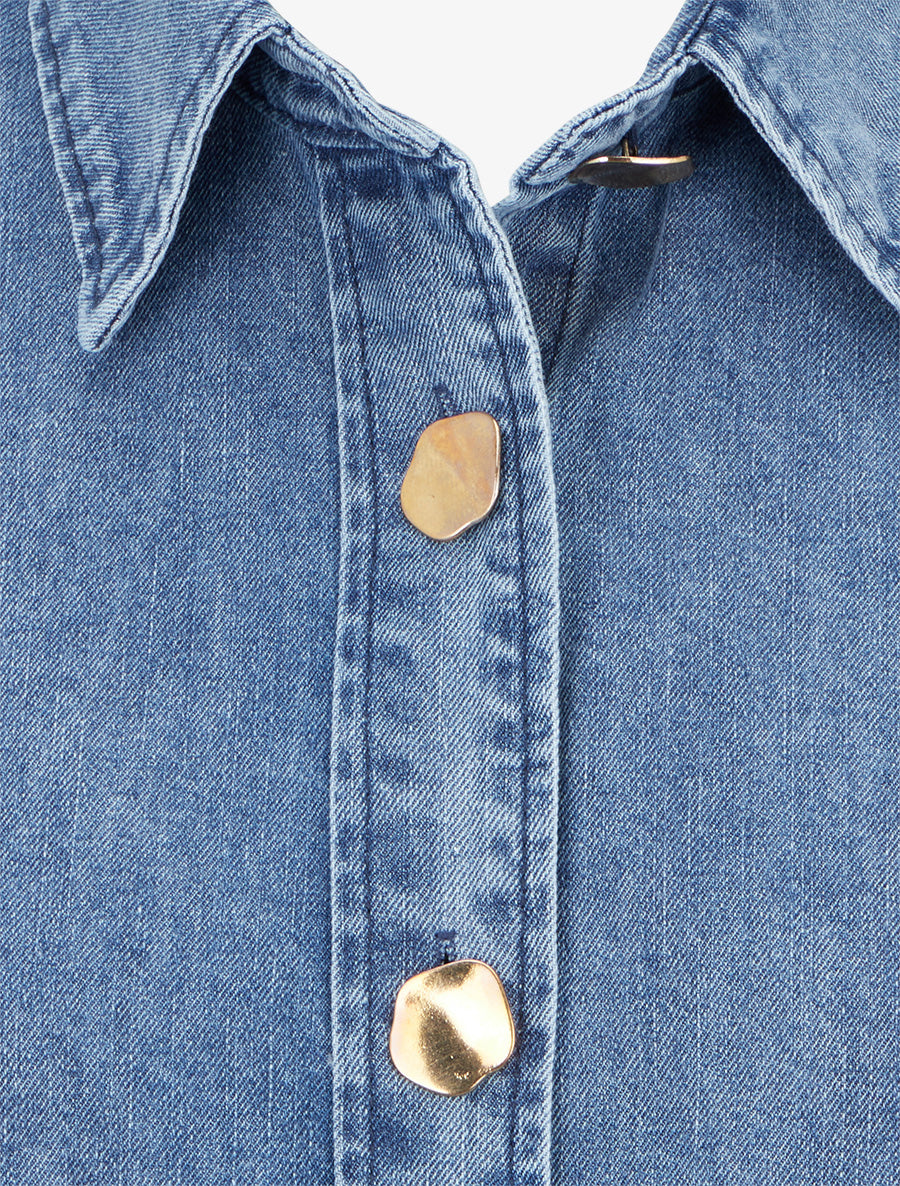 Chemise en jean droite à boutons stylisés - Bleu - 3