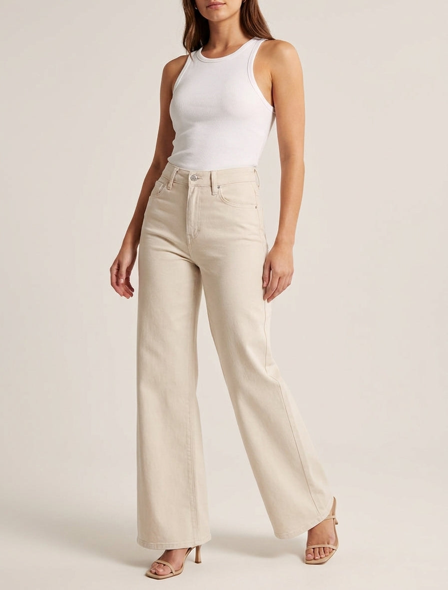Jean mit weitem Bein und geradem Schnitt - Beige