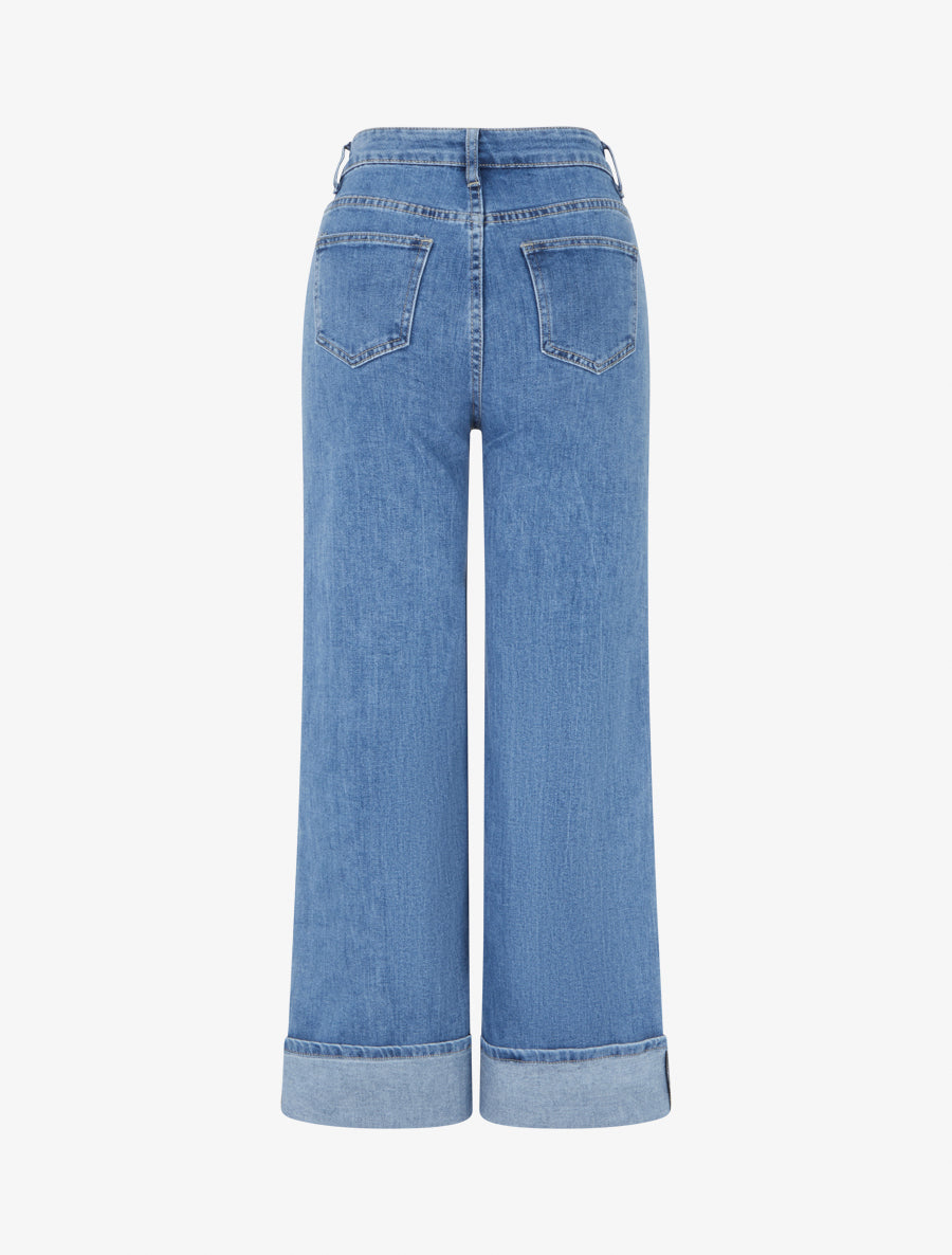 Jean à ourlet et boutons diagonaux coupe droite - Bleu - 2