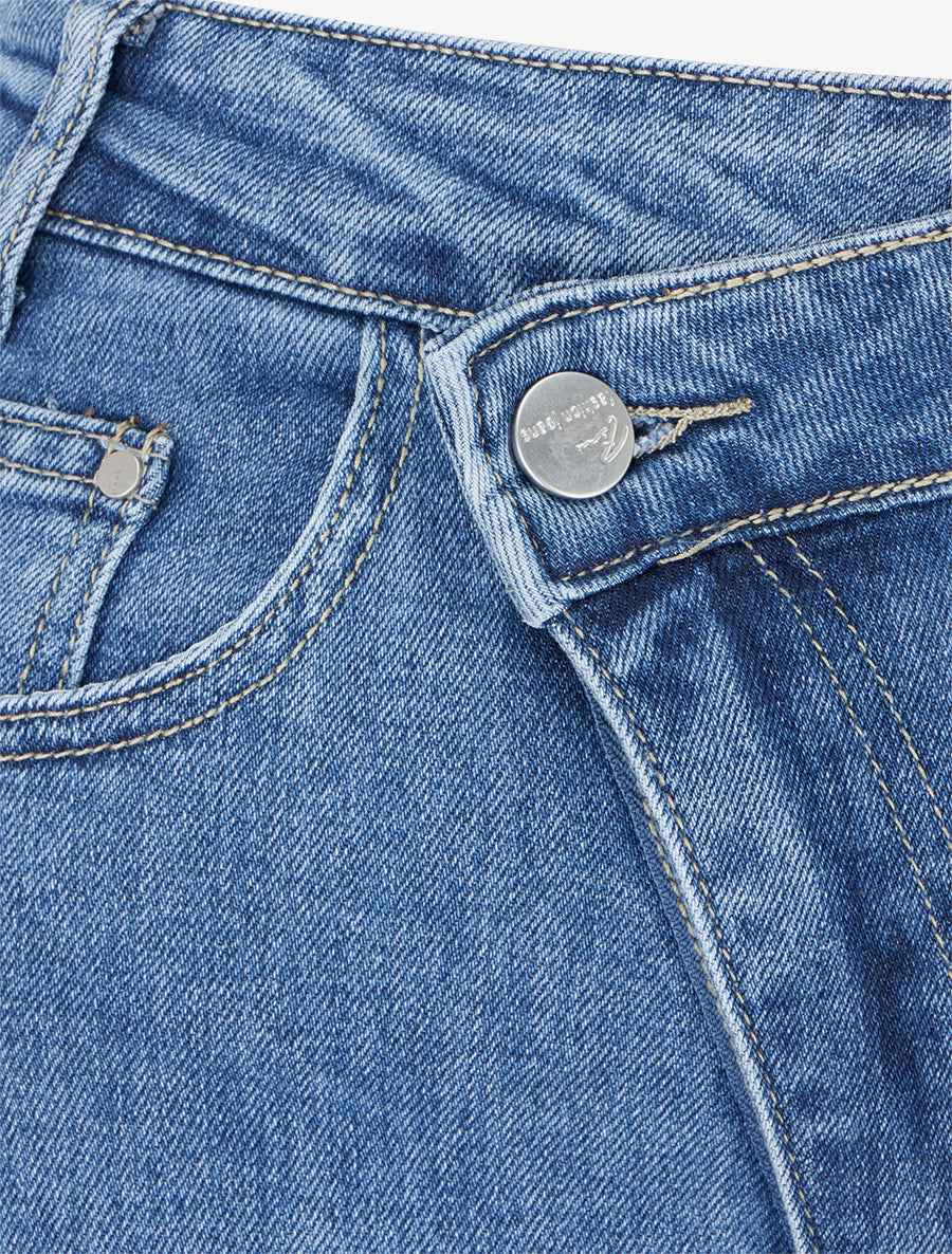 Jean à ourlet et boutons diagonaux coupe droite - Bleu - 3