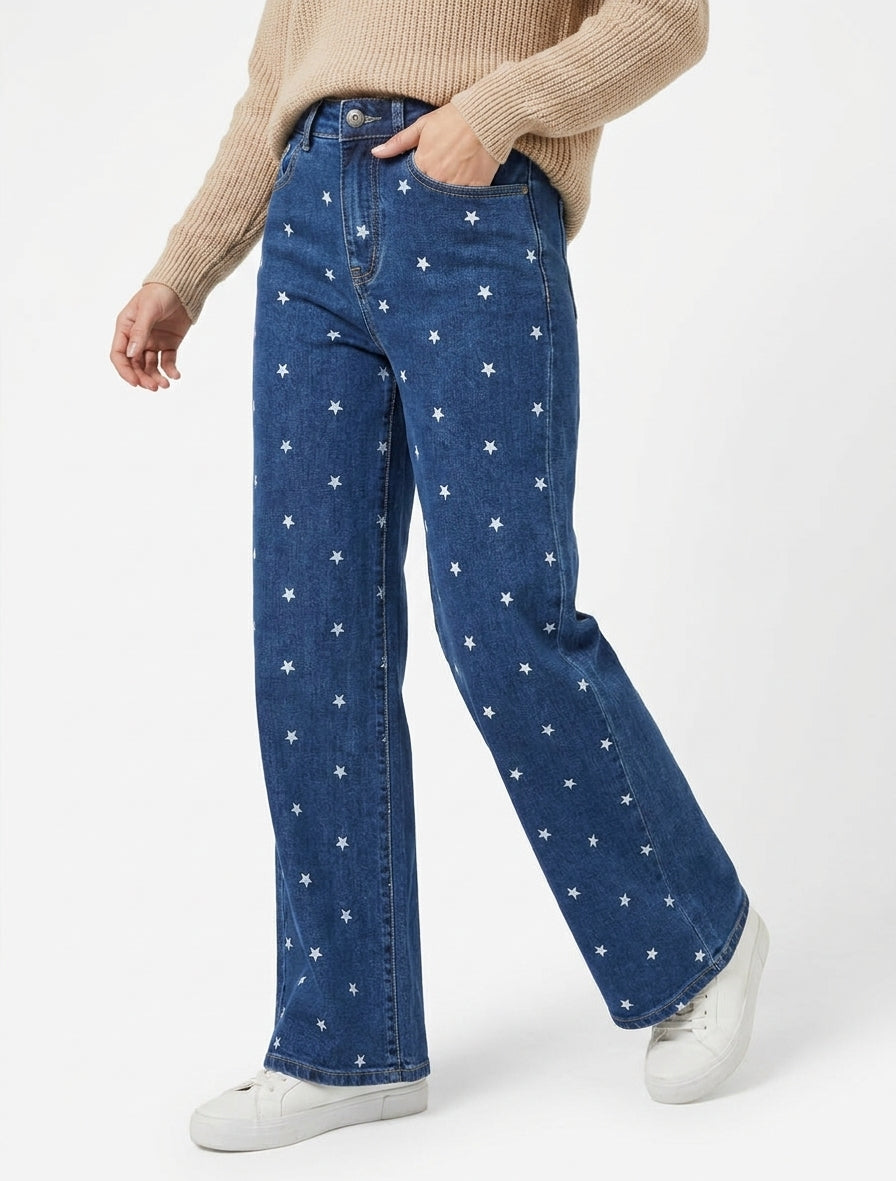 Jean mit weitem Bein und Sternenmuster - Blau