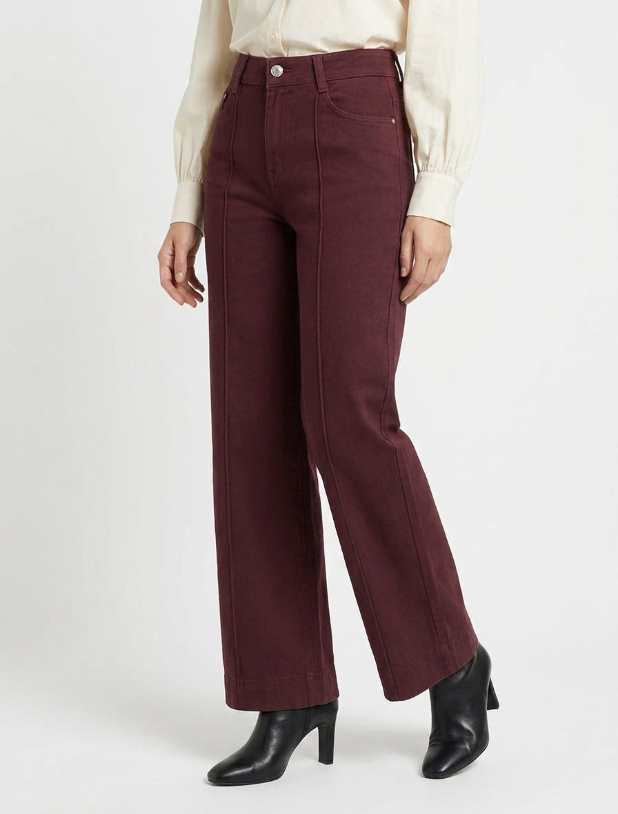 Jean mit weitem Bein, hoher Taille und sichtbarer Naht - Bordeaux