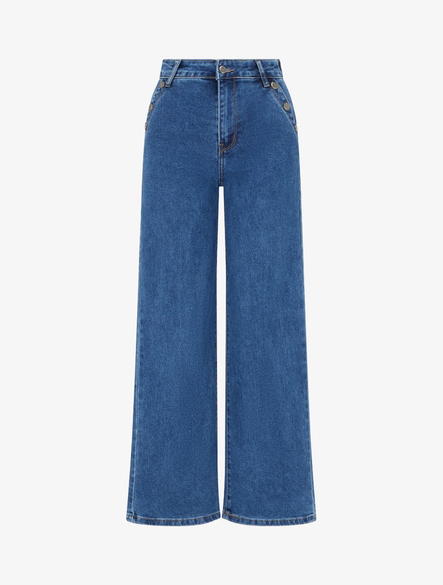 Jean wide leg à poches boutonnées - Bleu denim - 1