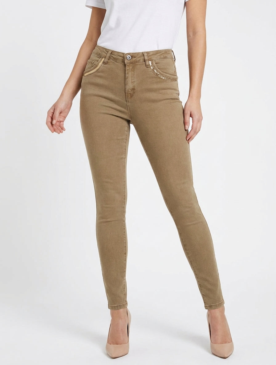 Skinny-Jeans mit Pailletten-Taschen - Hellbraun