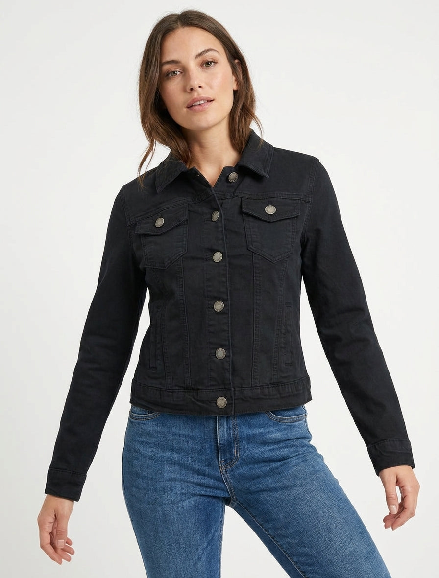 Unifarbene Jeansjacke im geraden Schnitt - Schwarz