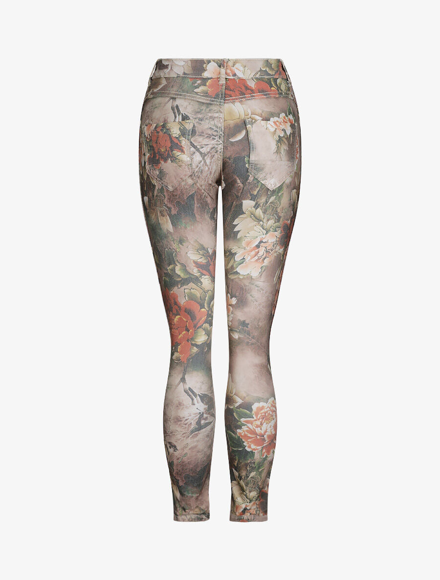 Jean réversible slim taille haute effet froissé imprimé fleuri - Kaki - 4