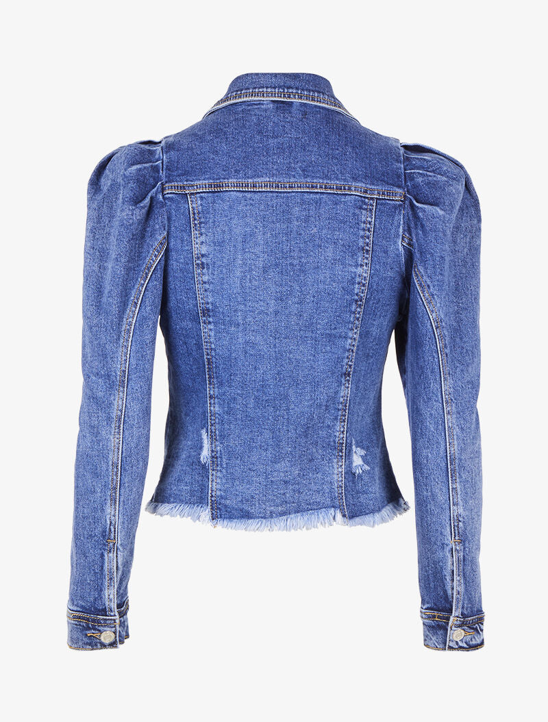 Veste en jean à manches gigot et à bords effilochés - Bleu denim - 2