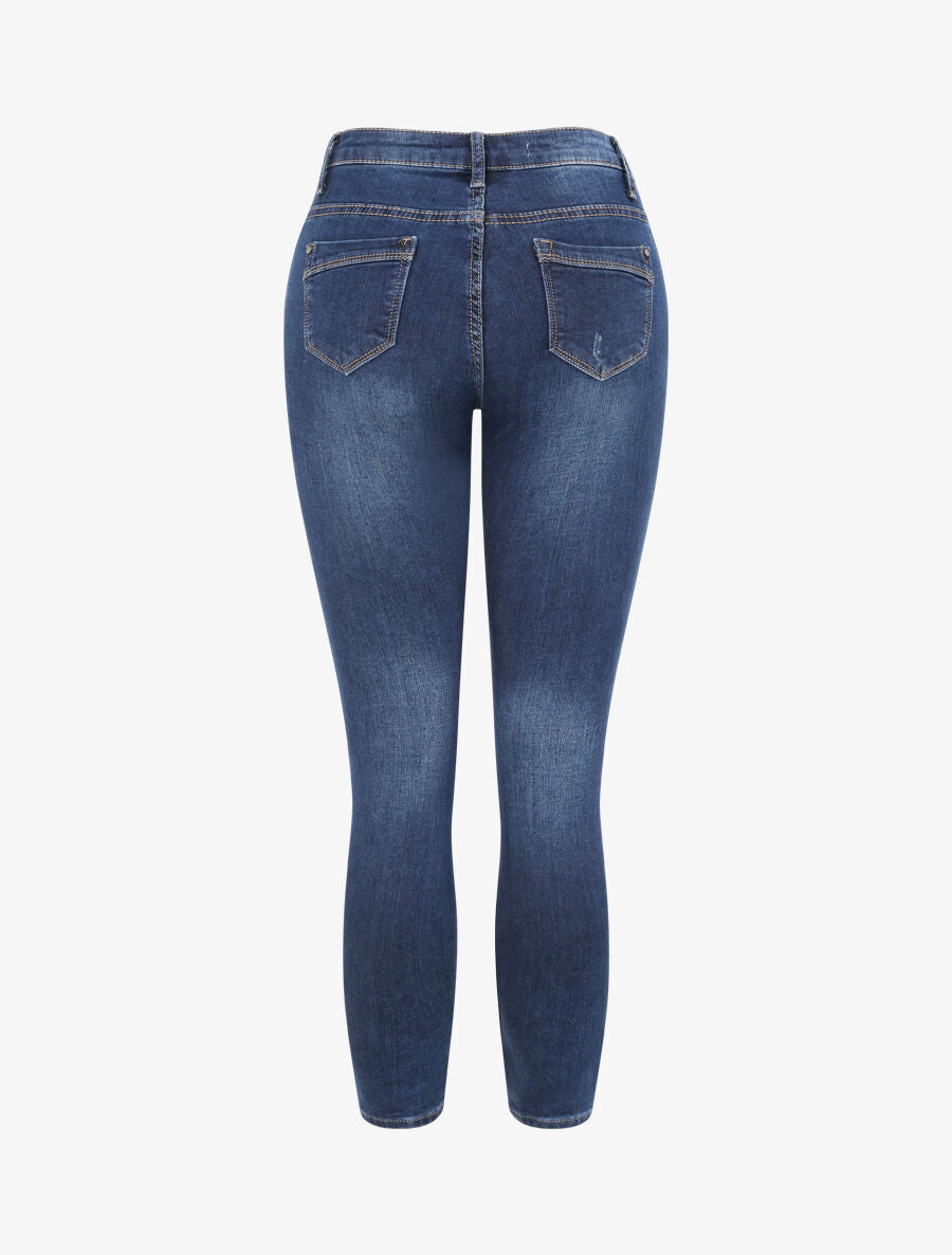Jean skinny taille haute délavé et griffé - Bleu foncé - 2