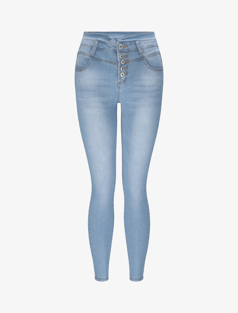 Jean slim taille haute boutonnée - Bleu - 1