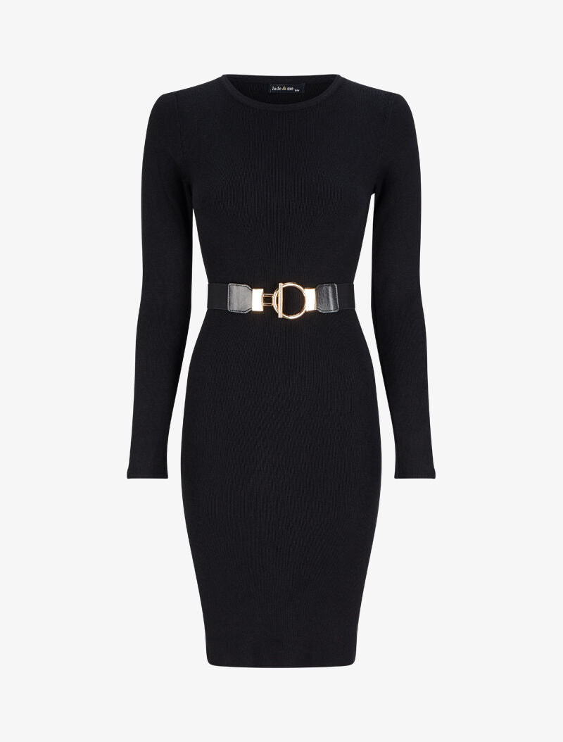 Robe pull unie à ceinture stylisée - Noir - 1