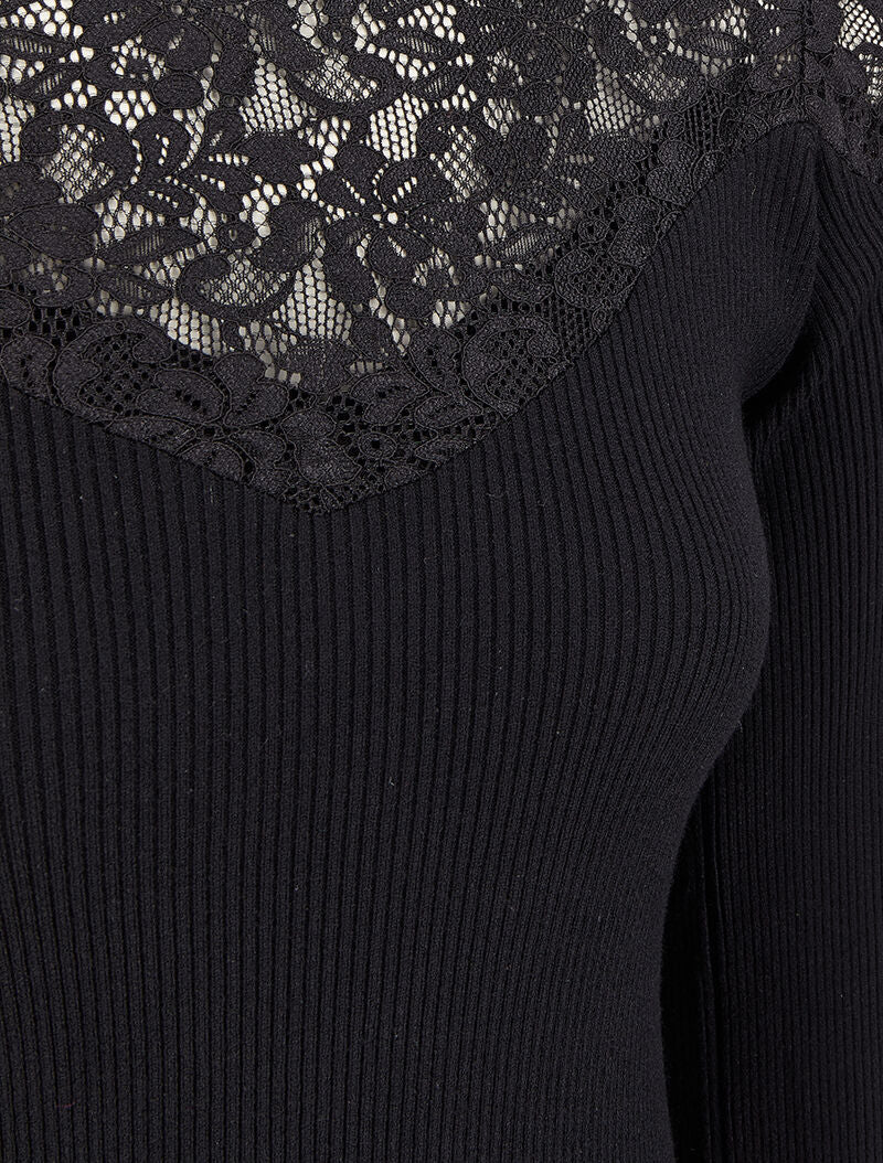 Pull côtelé à épaules en dentelle et col montant - Noir - 3