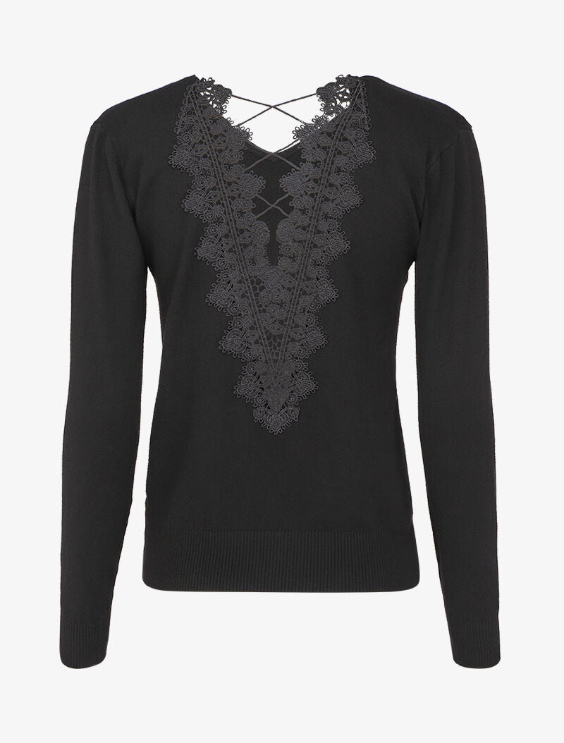 Pull à dos en V ouvert en crochet stylisé ajouré - Noir - 2