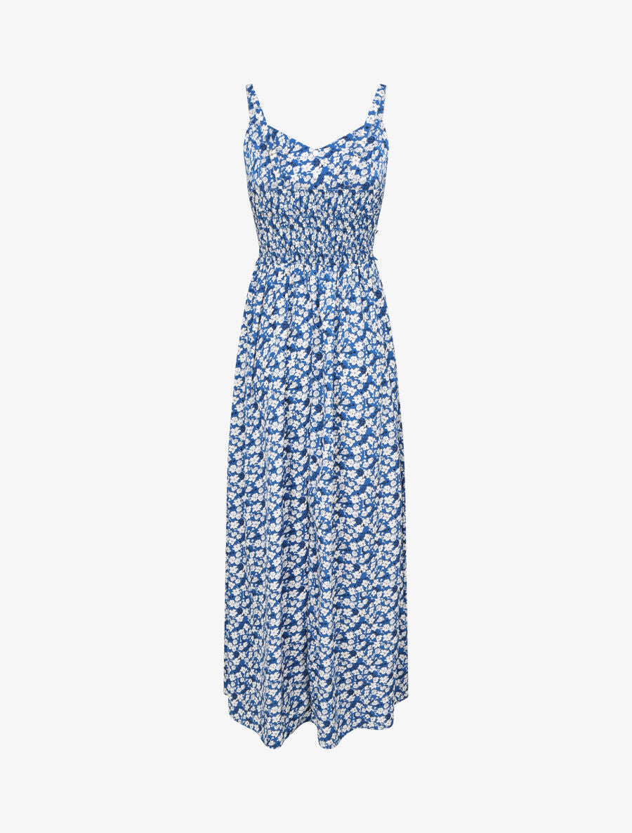 Robe longue imprimée petites fleurs à boutons décoratifs - Bleu - 2