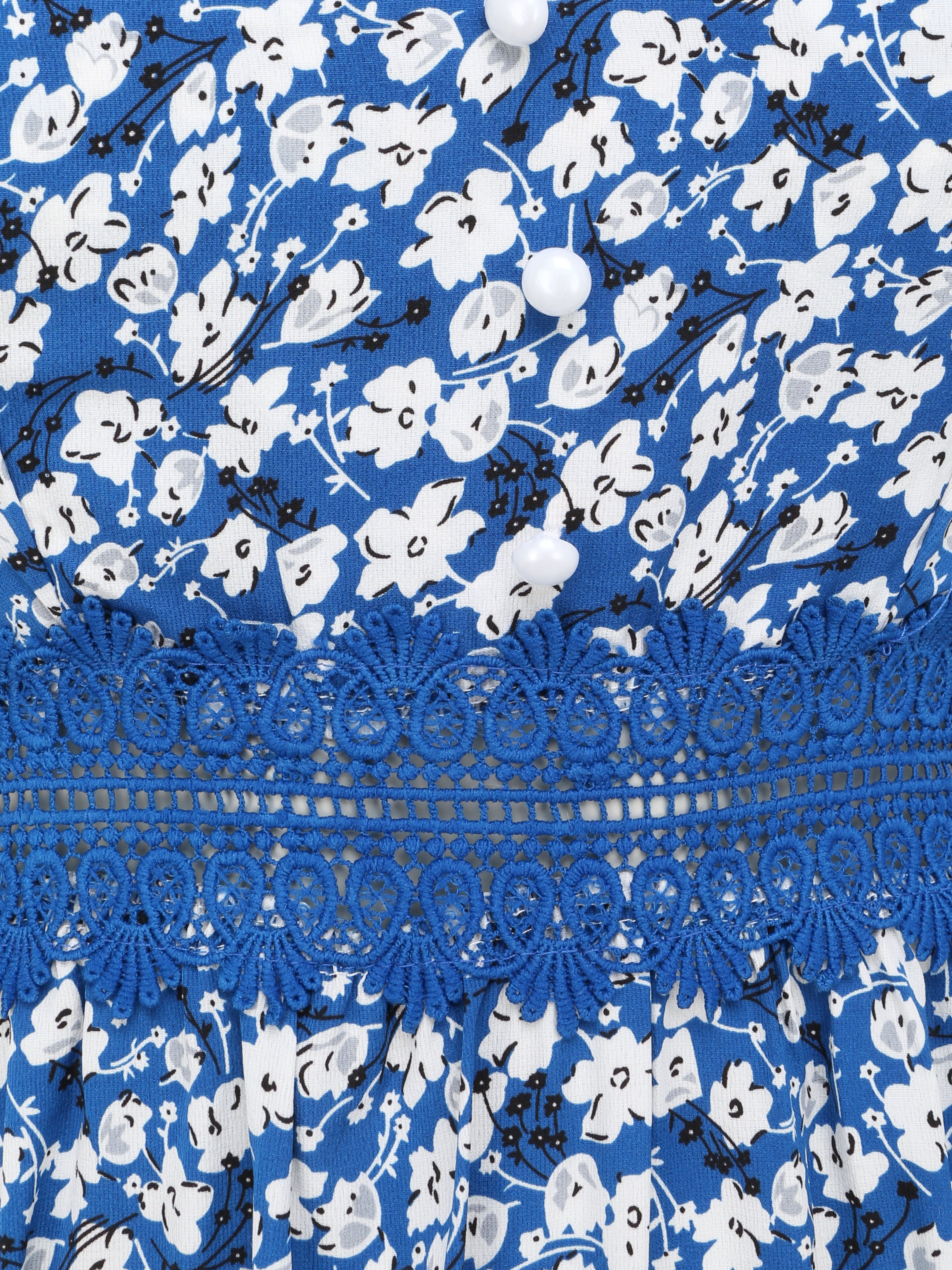 Robe longue imprimée petites fleurs à boutons décoratifs - Bleu - 3