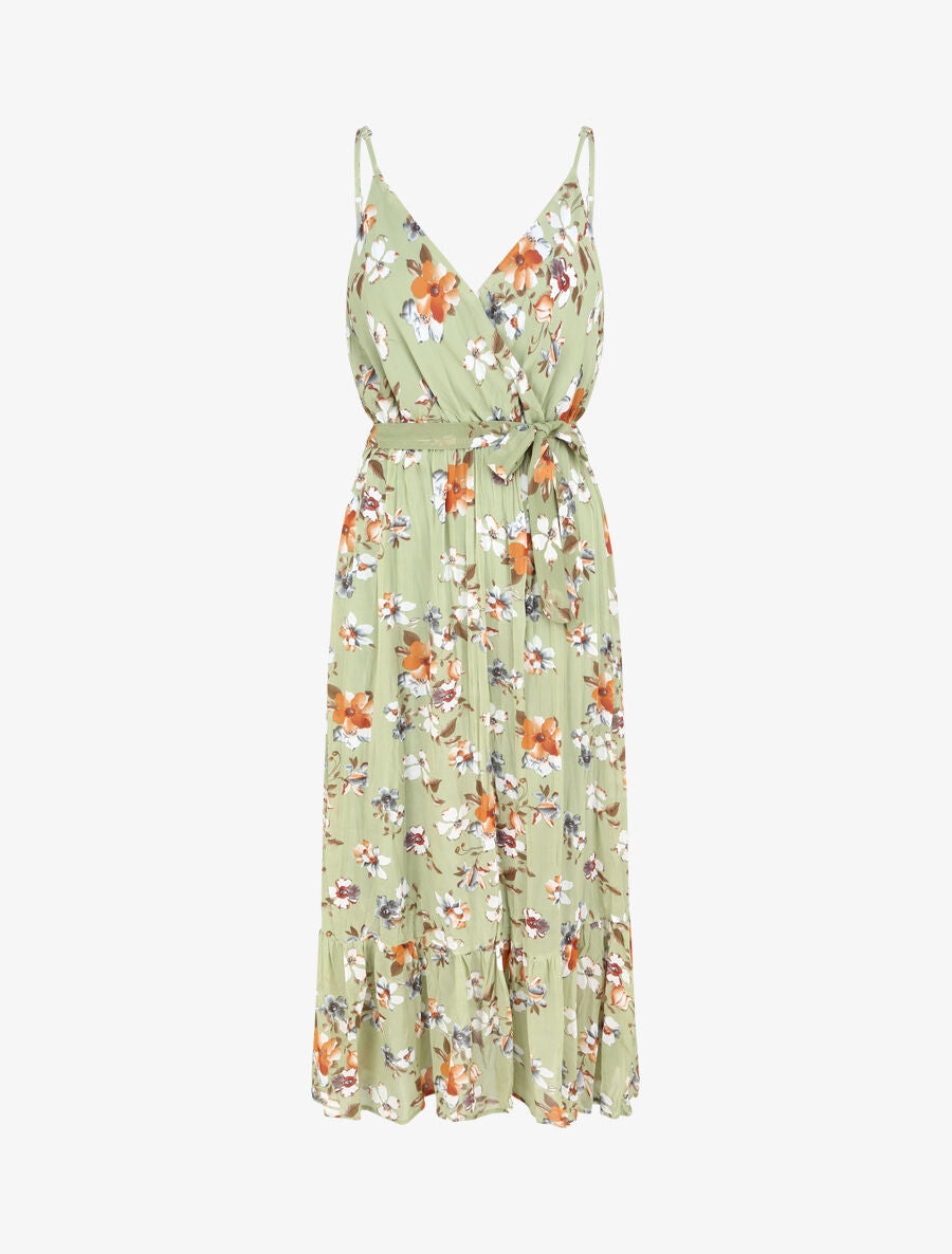 Robe longue cintrée imprimé fleurs - Vert clair - 1