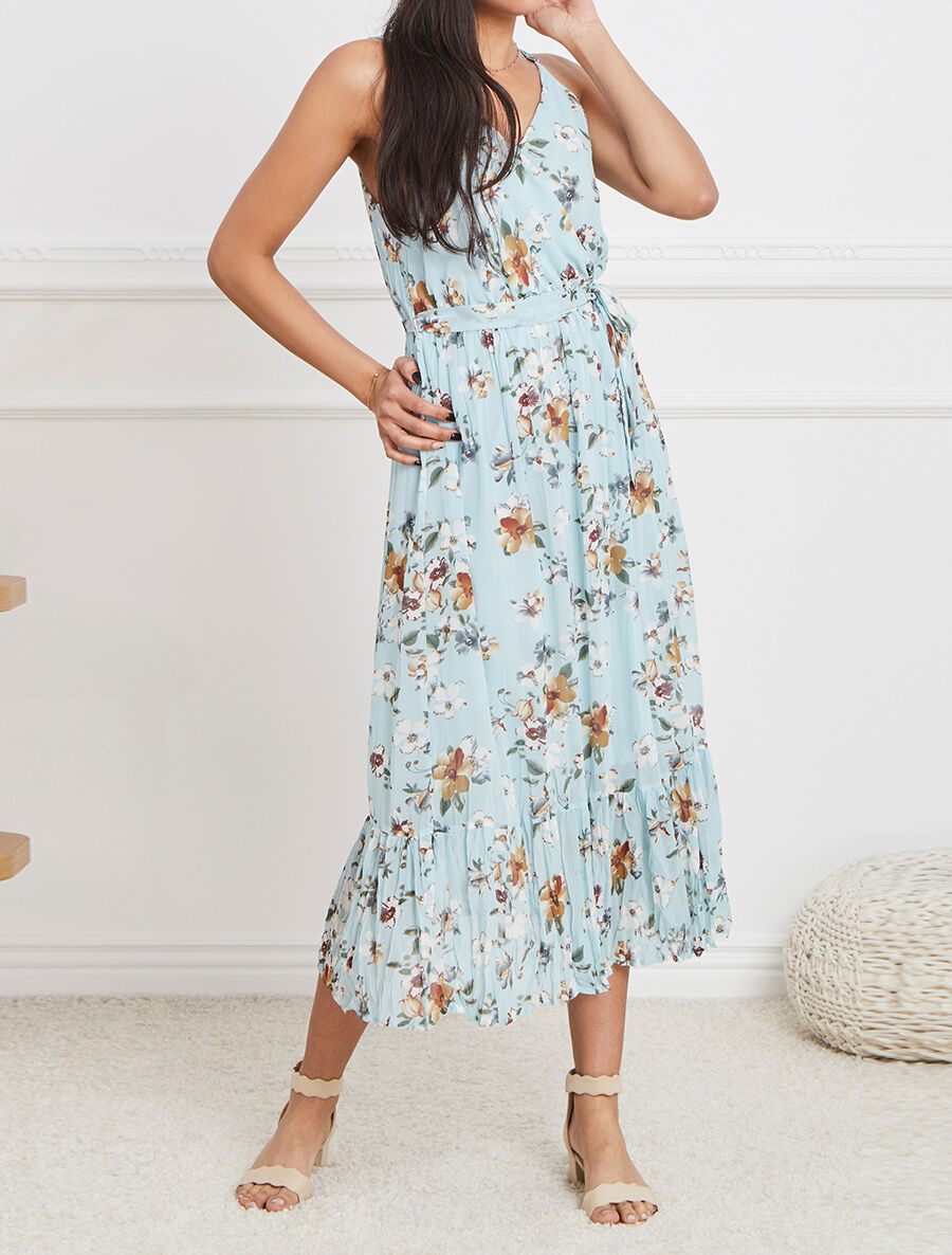 Robe longue cintrée imprimé fleurs - Turquoise - 4