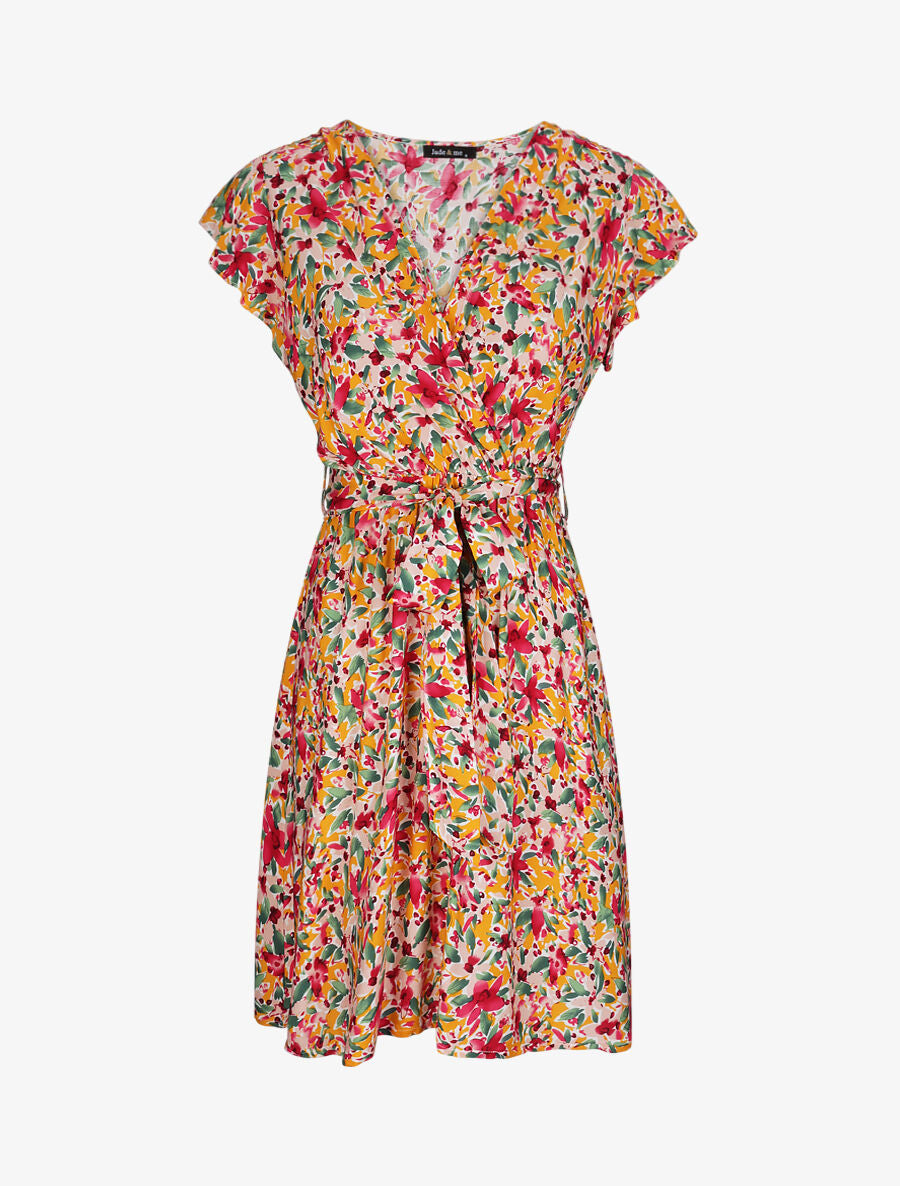 Robe cache-coeur à imprimé fleurs diverses - Jaune - 1