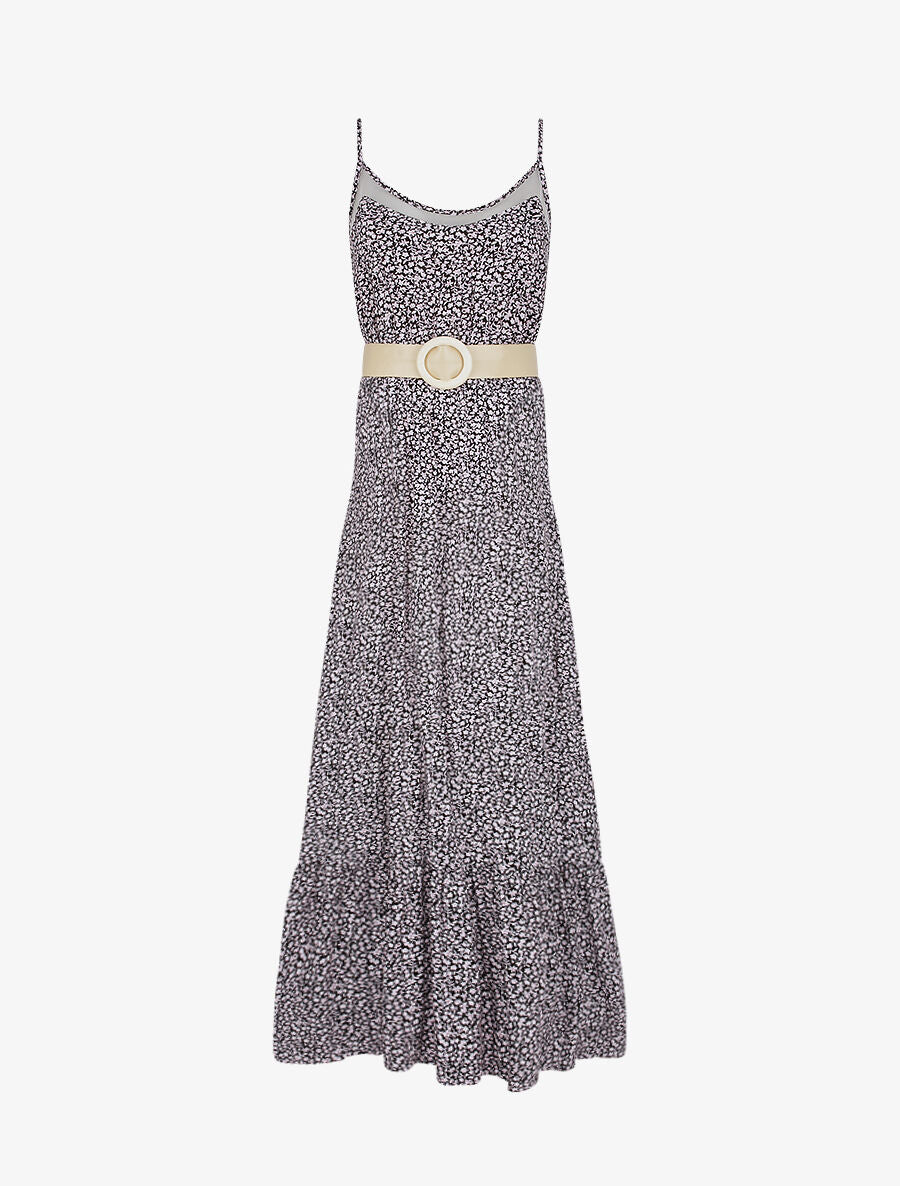 Robe longue à col à détail tulle - Noir - 6