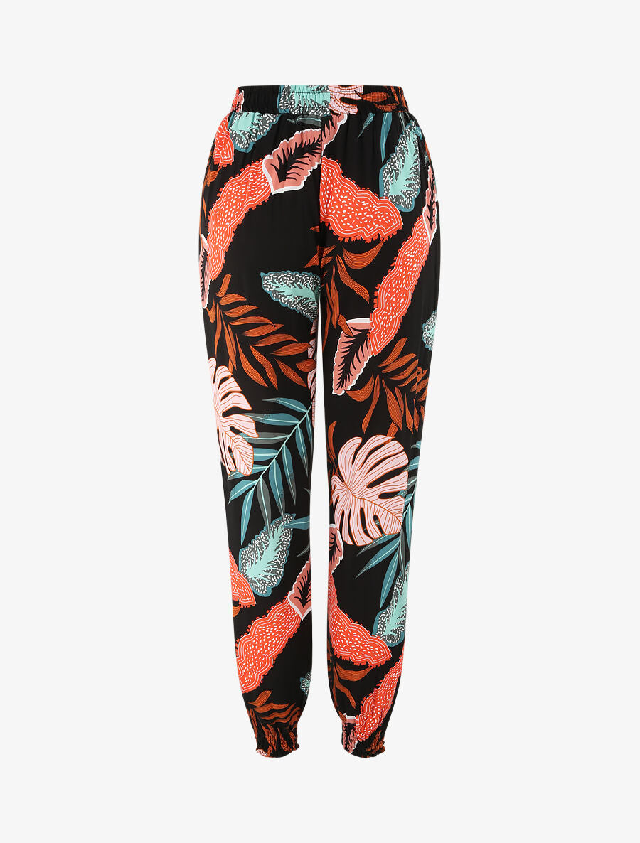 Pantalon fluide imprimé feuilles à bords élastiqués - Noir - 2