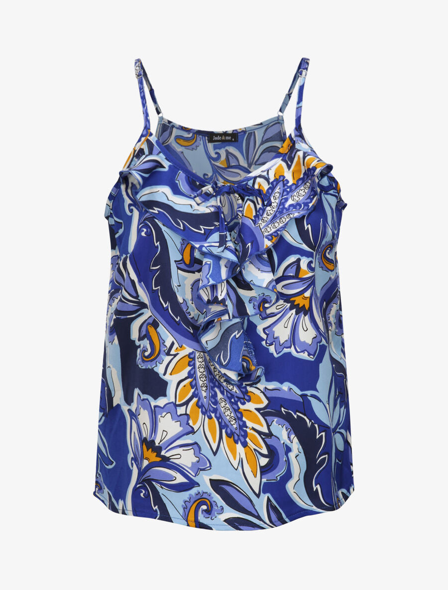 Débardeur carré à motifs tropicaux à col volanté - Bleu - 6