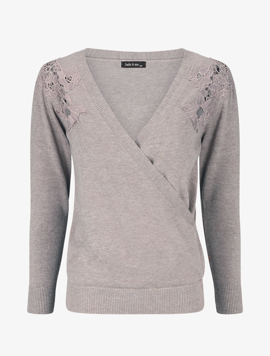 Pull cache-coeur à détail dentelle - Taupe - 5