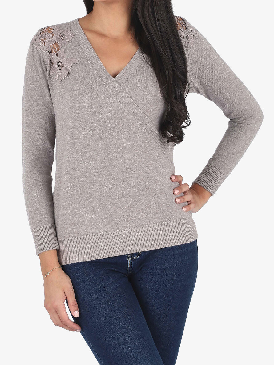 Pull cache-coeur à détail dentelle - Taupe - 4
