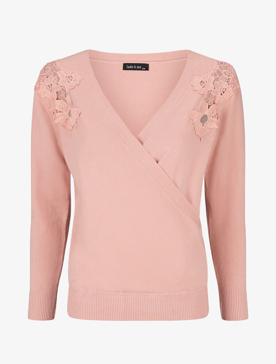Pull cache-coeur à détail dentelle - Rose - 5