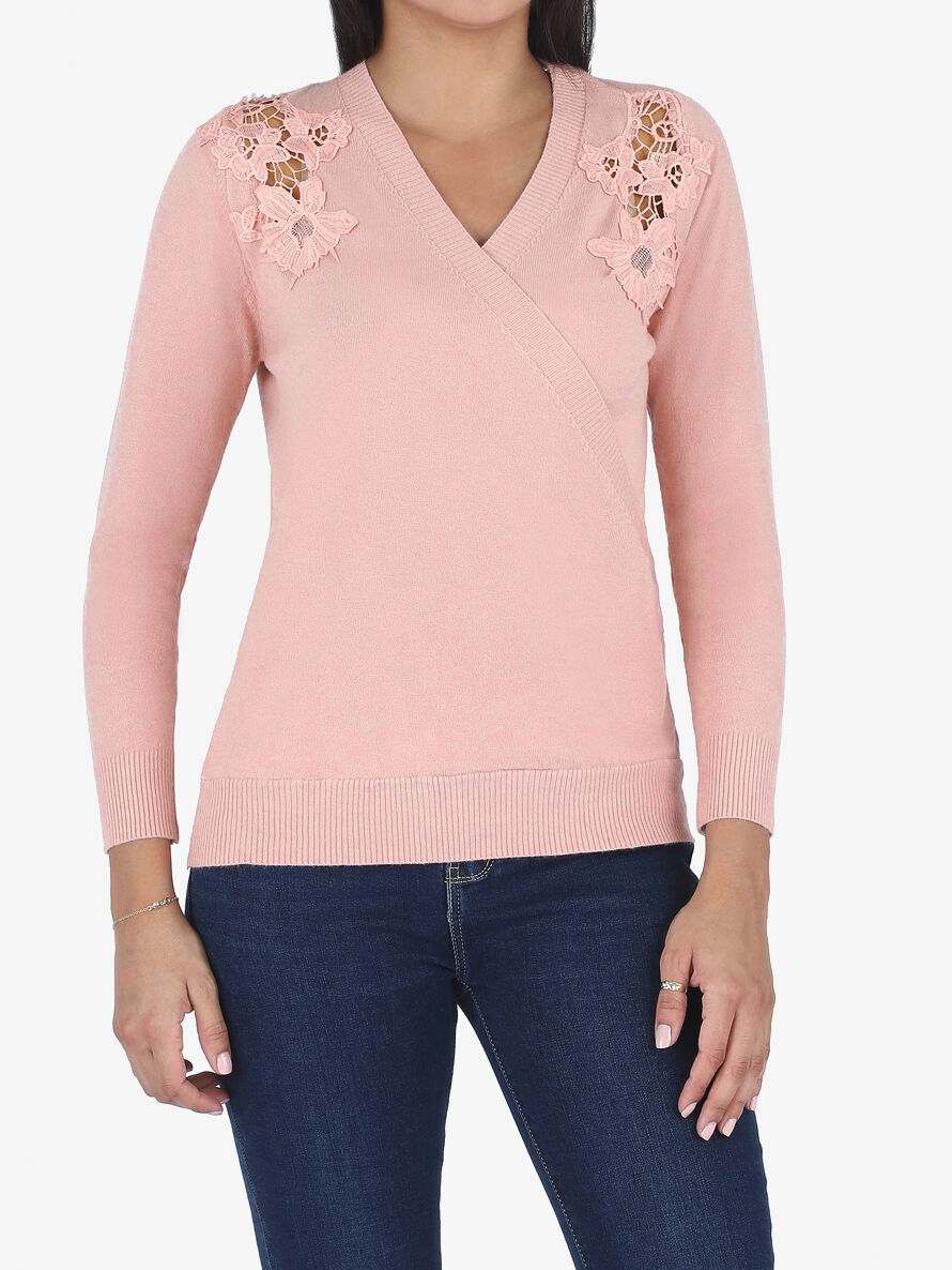 Pull cache-coeur à détail dentelle - Rose - 4