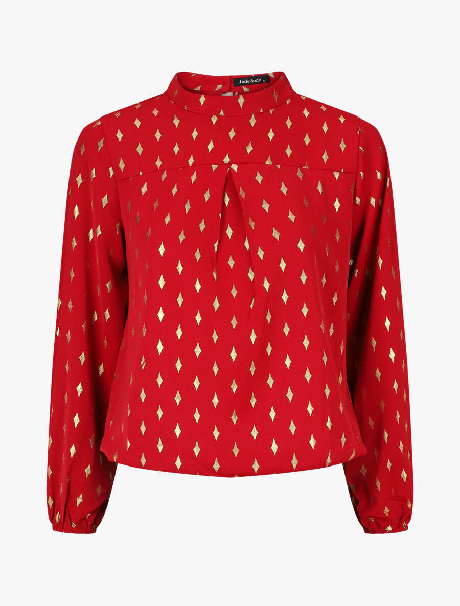 Blouse col montant à imprimé losanges dorés - Rouge - 1