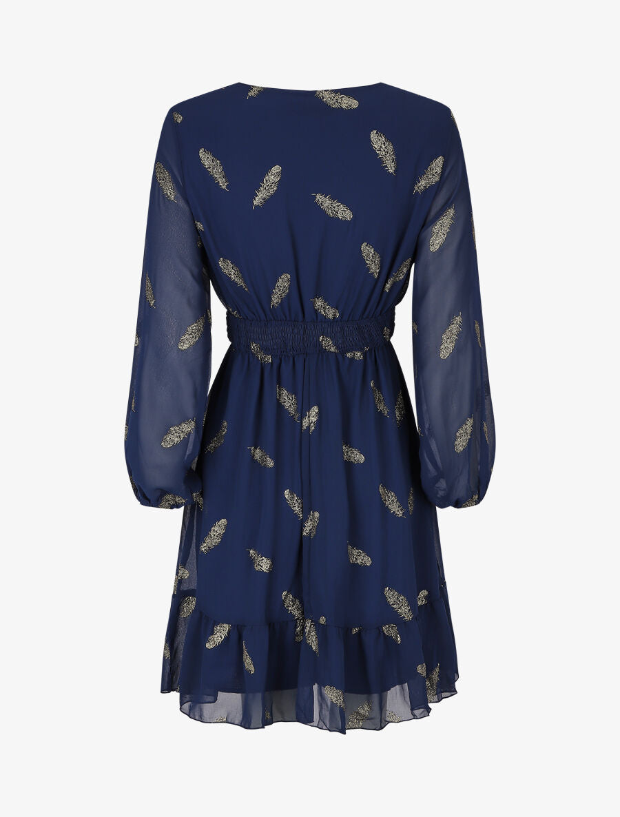Robe mi-longue à imprimé plumes dorées - Marine - 2
