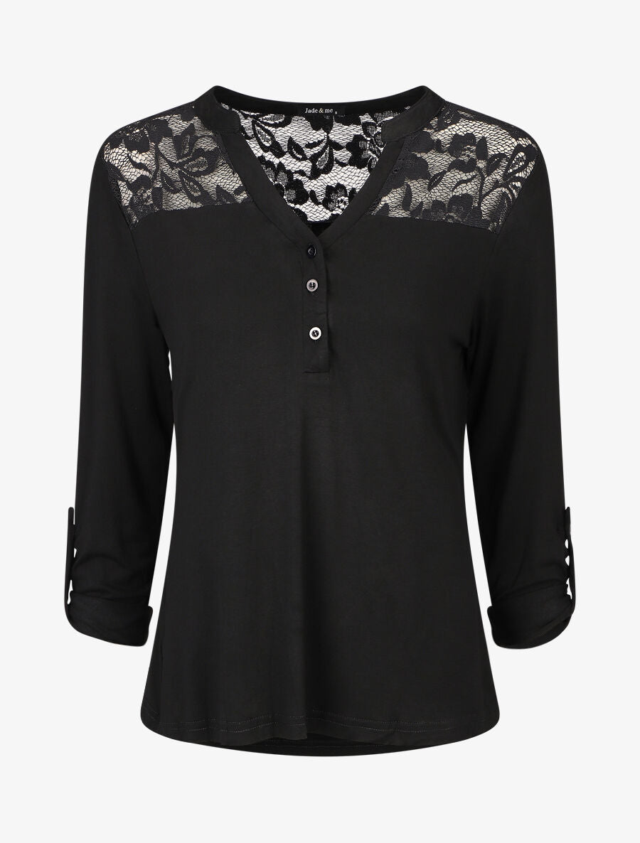 Top uni manches longues et dentelle - Noir - 4