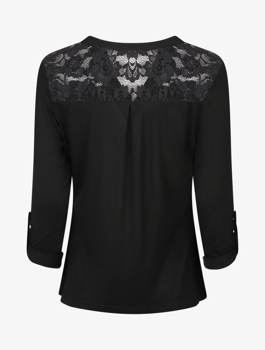 Top uni manches longues et dentelle - Noir - 2